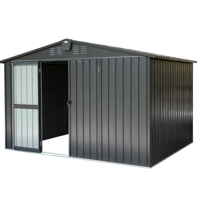 Abri de jardin 3 x 2,4 m, acier galvanisé. Grand volume de 12,7 m³. Parfait pour l'équipement de barbecue et le bois de chauffage. Résistant à la rouille, verrouillable et ventilé. Parfait pour la cour arrière, la terrasse ou la pelouse. Noir 3 x 2,4 m, idéal pour ranger de grands vélos.