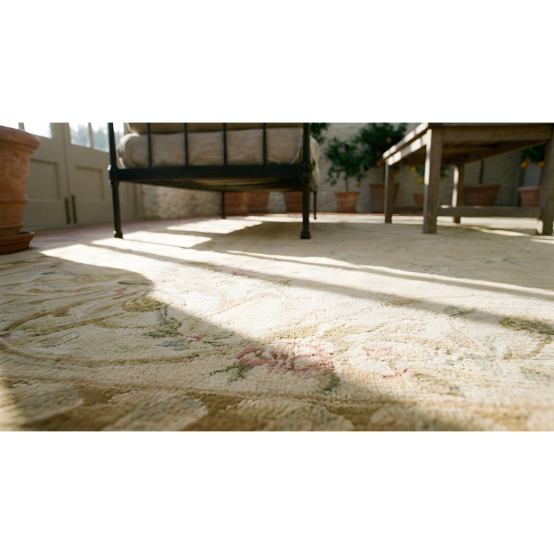 Antique Aubusson Large Room Size Wool Ivory Rug
