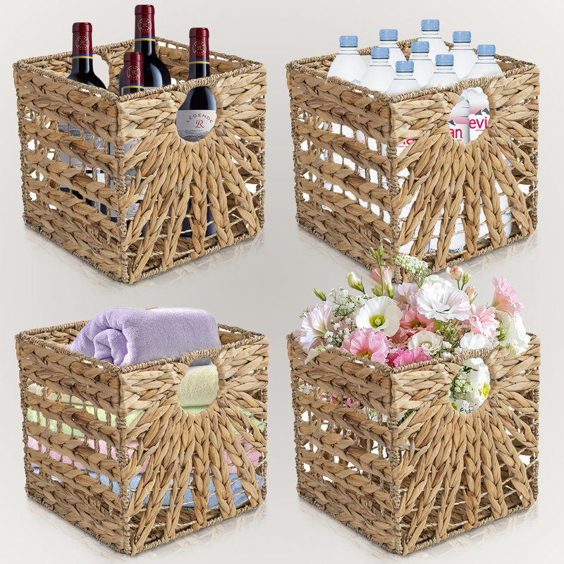 Water Hyacinth Foldable Storage Baskets Wicker Cube Baskets, Storage Cube Bins, 12"x 12"x 12", Set of 4