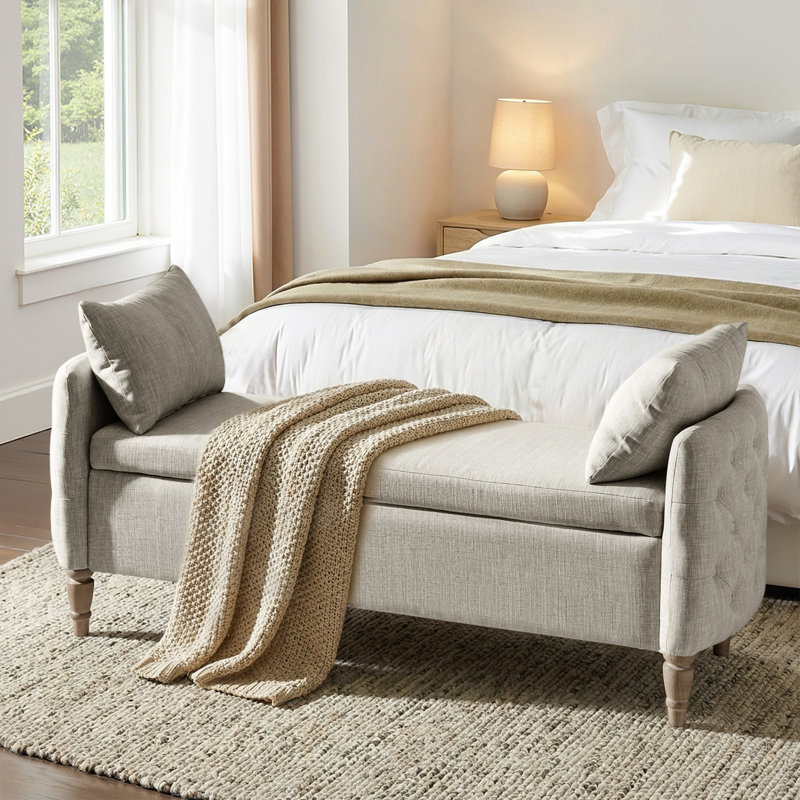 Aristides Farmhouse Flip Top Storage Bench With Two Pillows And Solid Wood Legs, Grey