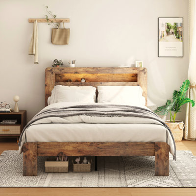Structure de lit plateforme grand en bois avec rangement, tête de lit à DEL, 2 ports USB et assemblage facile