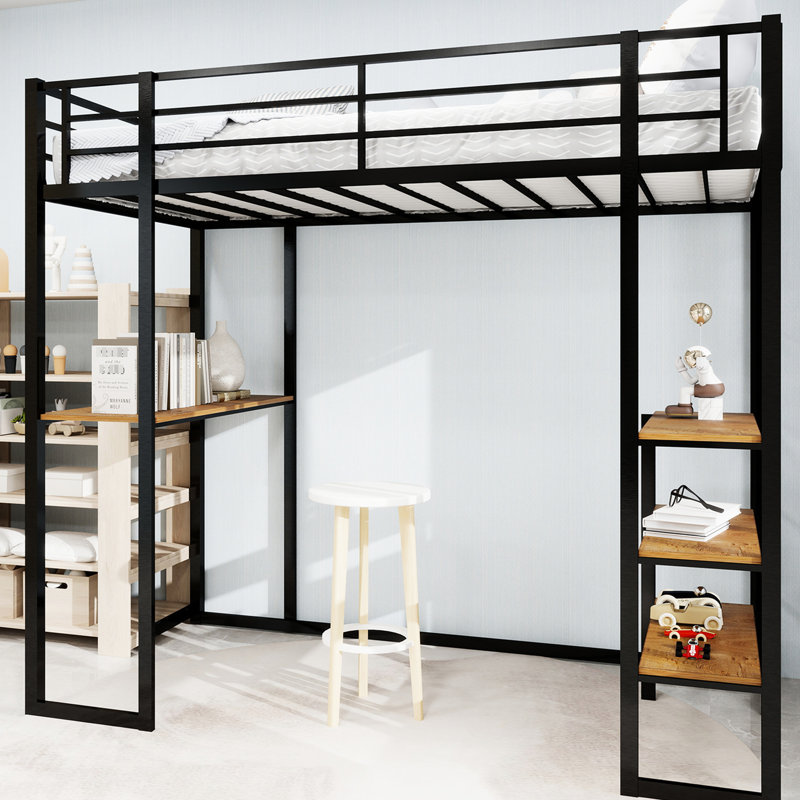 Lit en fer noir avec rampe et escalier pour chambre à coucher simple, peu encombrant, bureau en L à assemblage rapide, robuste et économique pour les jeunes