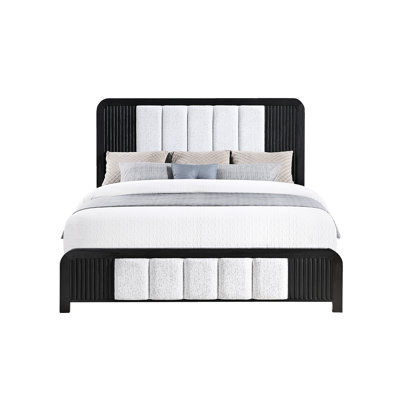 Low Profile Black And White Panel Bed, Queen Size, Fluted Detailing, Rounded Edges, Contemporary Bedroom Furniture, Solid Wood+, Upholstery
