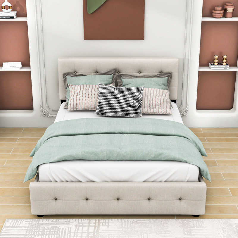 Grand lit plateforme tapissier avec rangement et lit gigogne simple TG, Dark Beige