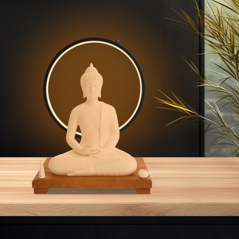 Statue de Bouddha en céramique et lampe de table circulaire à DEL pour la décoration intérieure, Blanc