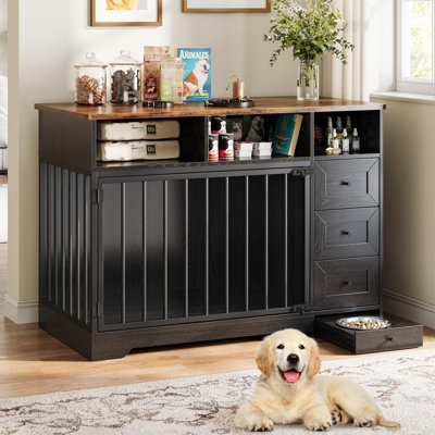 Mobilier pour chenil en bois 48 po avec 3 tiroirs et bol coulissant, table d'appoint moderne pour cage pour chien de taille moyenne jusqu'à 120 lb
