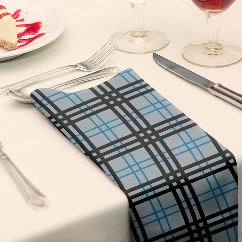 Plaid Square Napkin, Silver/Honolulu Blue/Black, Polyester, 10" x 10"