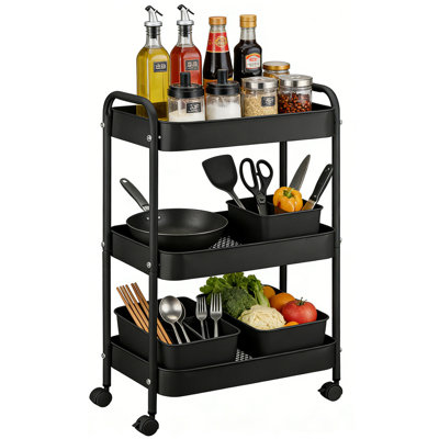 3-Tier Metal Rolling Utility Cart with Hooks