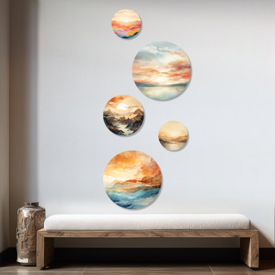 «Bold Sunset Coastal Horizon», ensemble d'art mural rond de 5 levers de soleil