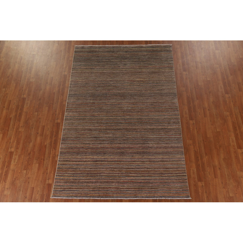 Tapis brun rayé en laine noué à la main 6 pi 3 po x 9 pi 6 po