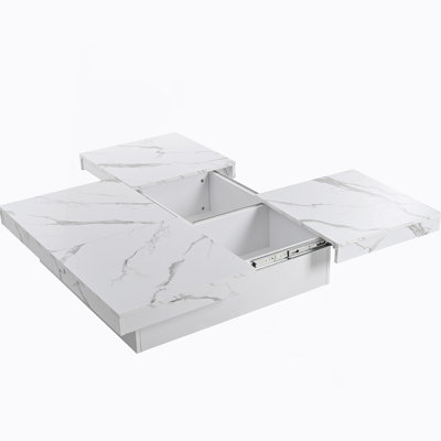 Square Marble Veneer Coffee Table Sliding Top With Storage In White 39.4''