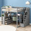Lit mezzanine pleine grandeur en pin massif gris froid avec bureau intégré, tablettes et rangement pour chambres résidentielles-129380456