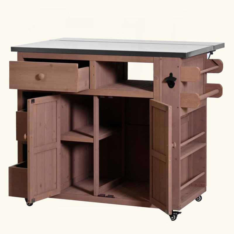 Îlot de cuisine d'extérieur en bois massif d'extérieur, table de gril supérieure en acier inoxydable avec support à épices latéral, chariot de cuisine avec tiroirs, armoire de rangement pour la cour arrière, barbecue, fête