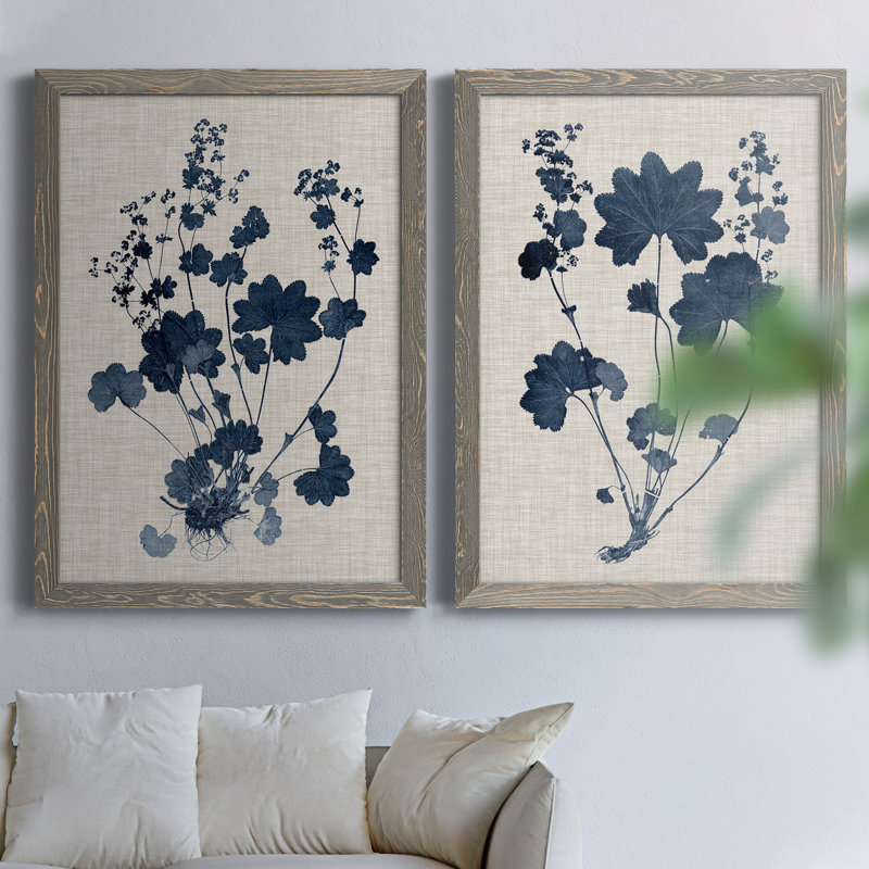 Bleu marine et feuilles de lin II, toile encadrée de qualité supérieure - prête à être accrochée, Toile avec cadre gris