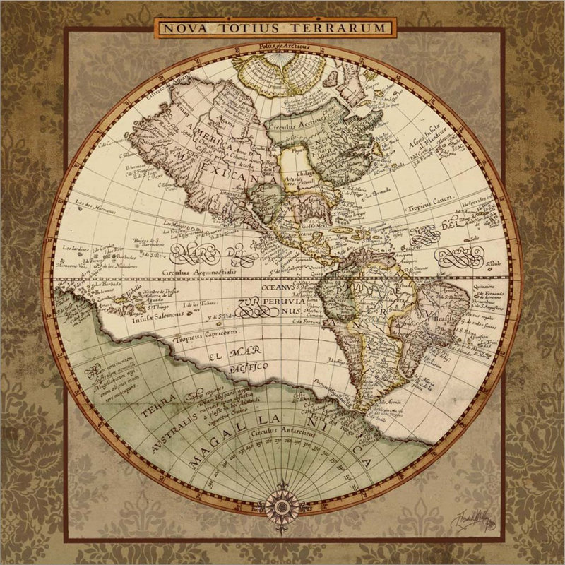 «Damask World Map I» par Elizabeth Medley, art mural encadré