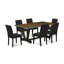 L'ensemble de 7 pièces de salle à manger se compose d'une table de salle à manger rectangulaire Jacobean patinée avec des pieds en V et de 6 chaises rembourrées en tissu de lin noir, finition noire brossée-61035720-61035723