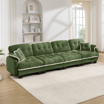 Chenille Cloud 4-Seater Sofa with 4 Pillows, Pom-Pom Trim Quilted Tufted Cushion Ergonomic Design, Easy Assembly Deep Seat Couch for Living Room Office, Apartment, Green