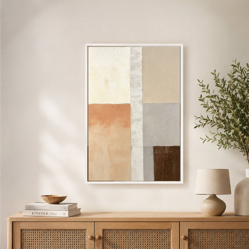 Toile imprimée à rayures verticales blanches épurées, tons terreux doux, avec cadre flottant, prête à accrocher, Noir