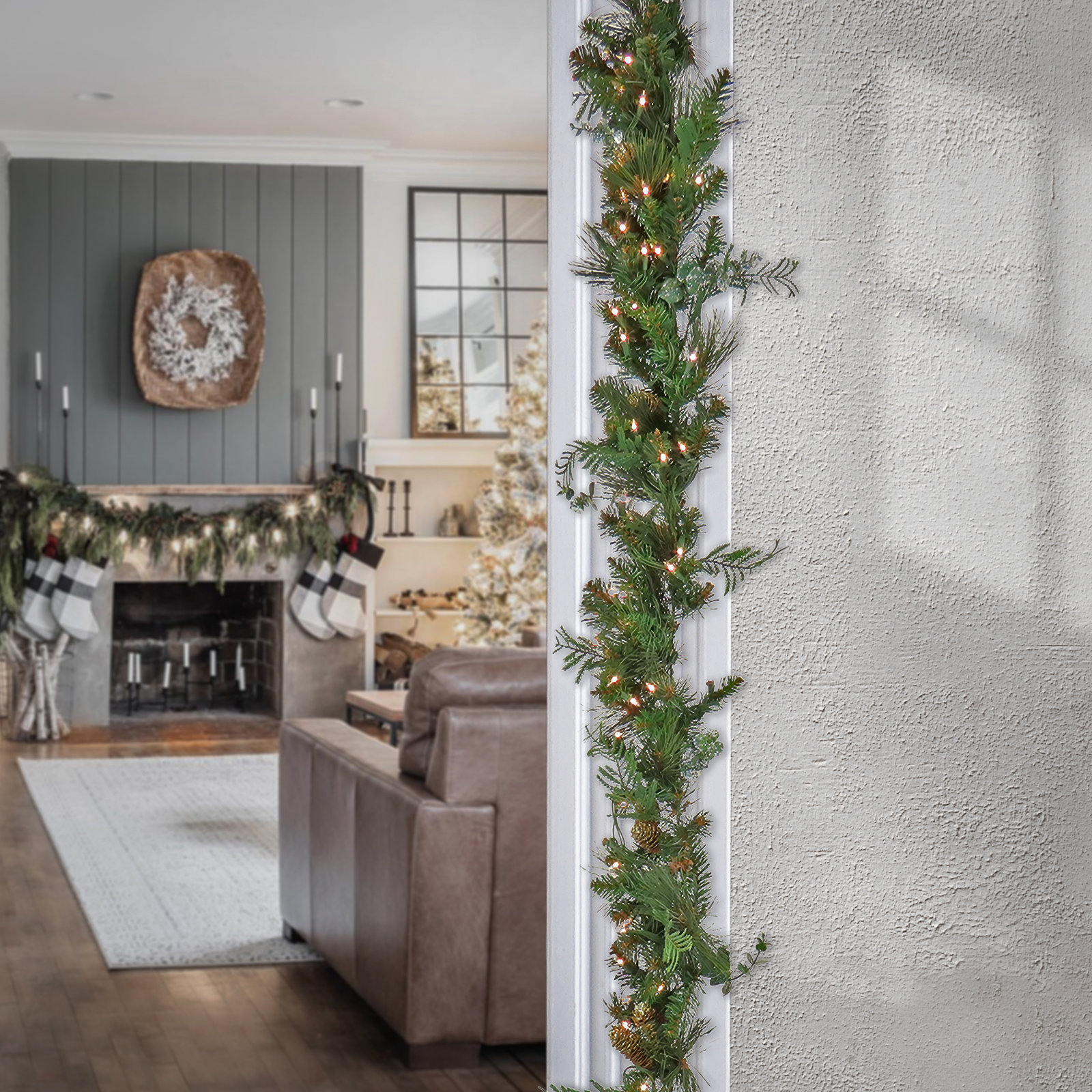 The Holiday Aisle® 9 ft Pre-Lit North Conway Garland with Glittery Cones and Eucalyptus