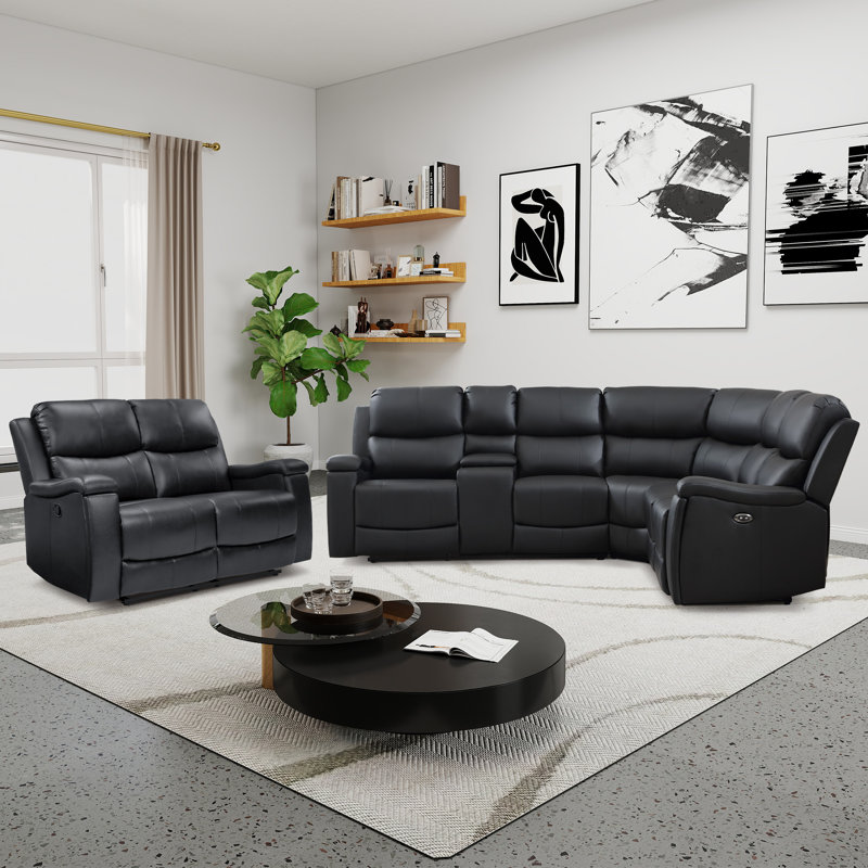 Hunstant 2-Piece Reclining Corner Sectional Sofa And Loveseat Set With Cupholder & Storage & Usb Ports, Midnight Faux Leather