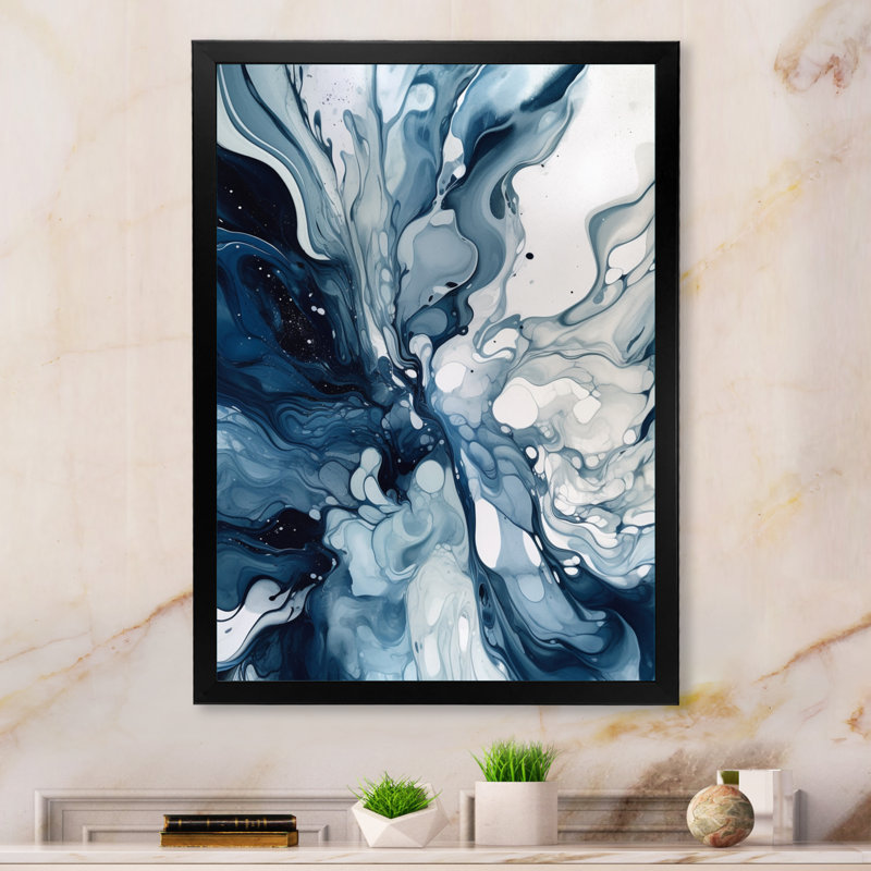«Blue Grey Ethereal Elixir I», art mural abstrait, H 32 po x l 24 po, Noir, Cadre photo unique