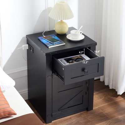 Farmhouse Nightstands Set of 2 with Charging Station,Wood End Table with Barn Door and Drawer for Bedroom,Living Room