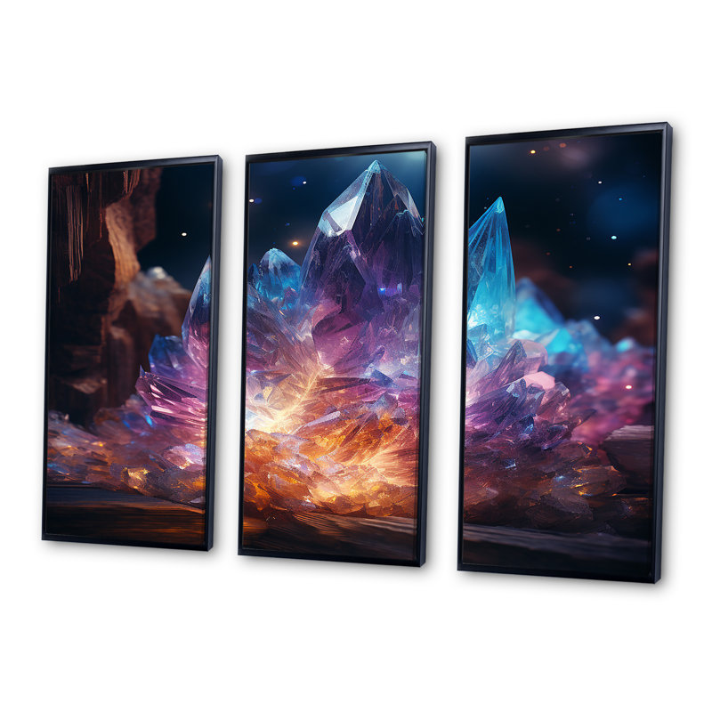 Crystalline Dream Magic - Ensemble de décorations murales géode en pierre, Cadre flottant noir, H 32 po x l 48 po x P 1 po