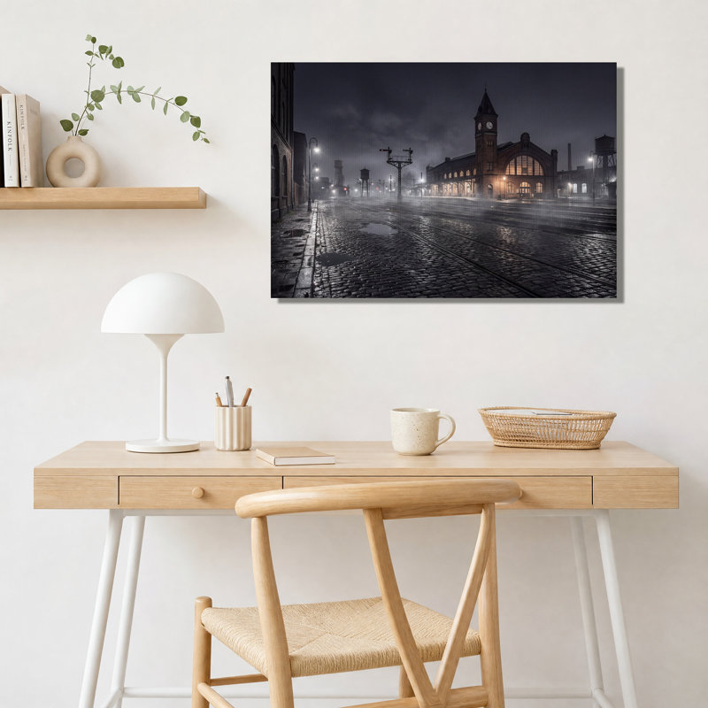 Brick Train Station And Clock Tower At Night Canvas Wall Art, 20"H x 30"W