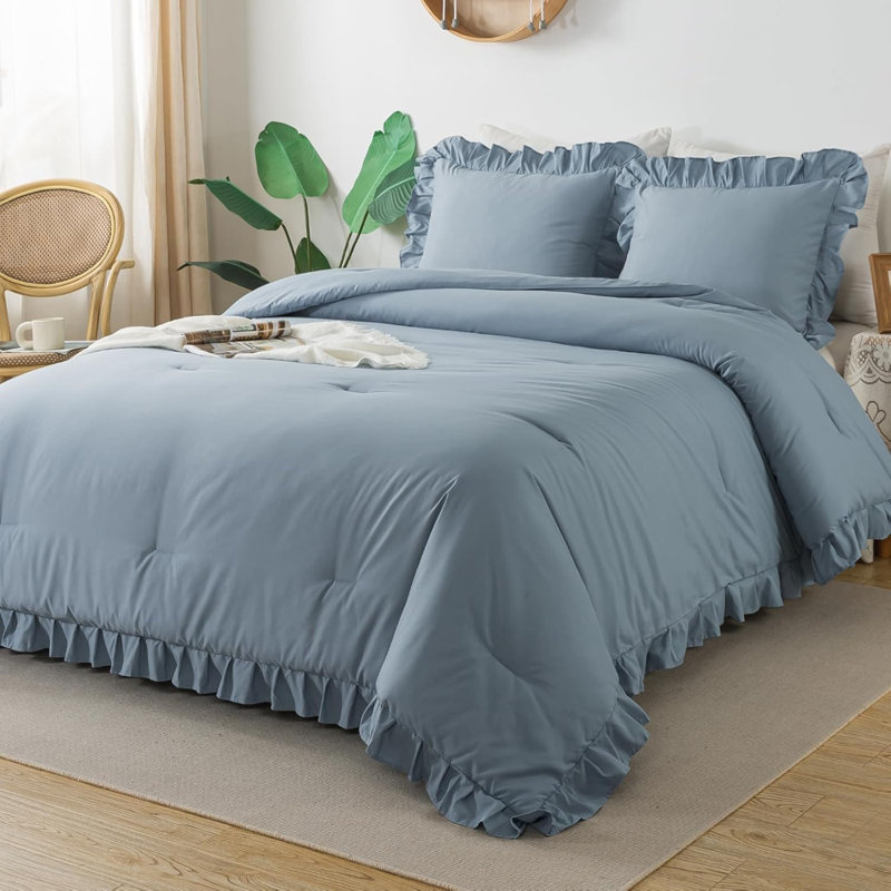 Ensemble d'édredon pour grand lit gris-bleu (90 x 90 pouces), 3 pièces (1 édredon à volants et 2 taies d'oreiller)