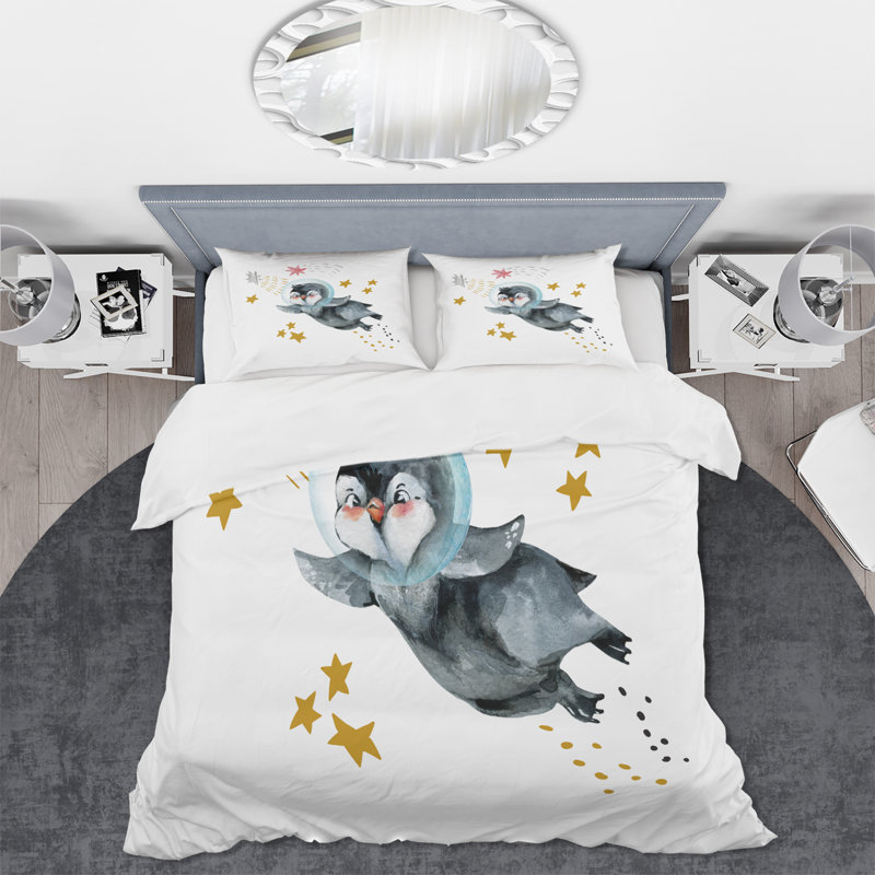 Little Penguin Flying Stars and Planets I - Ensemble de housse de couette Farmhouse - Microfibre de polyester