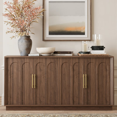Sideboard Buffet Cabinet With Storage, Mid Century Modern Accent Cabinet With Arched Doors, Modular Media Console, Minimalist Credenza For Living Room Kitchen Dining Room Entryway, Walnut