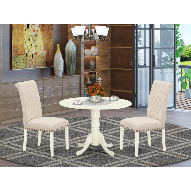 L'ensemble de 3 tables de salle à manger modernes comprend une table ronde en bois avec Dropleaf et 2 chaises de salle à manger Parson en tissu beige clair, 42 x 42 pouces, blanc lin