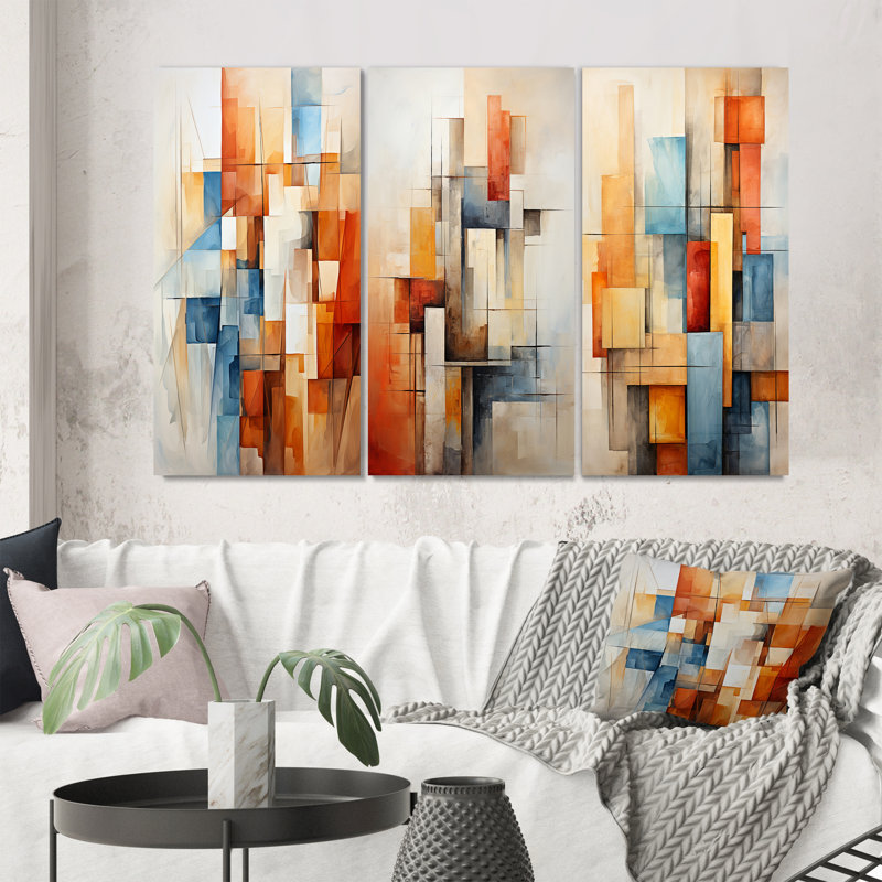 «Cubism Fragmented Perspectives», 3 pièces sur toile, Toile tendue, H 32 po x l 48 po