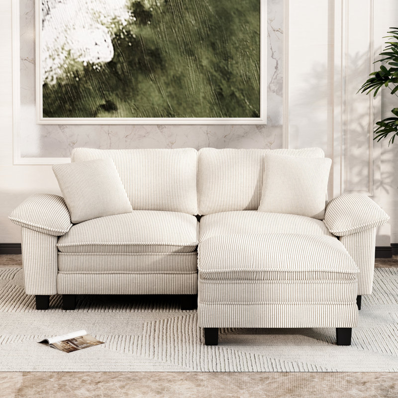88" Modular Sectional Loveseat Couches For Living Room, 3-seater Deep Seat Sofa With Ottoman, Ivory Corduroy