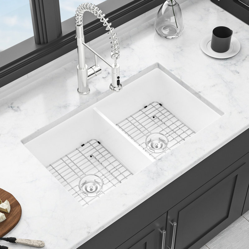 Évier double encastré en céramique 32 po - Lavabo rectangulaire blanc pour un look de cuisine élégant