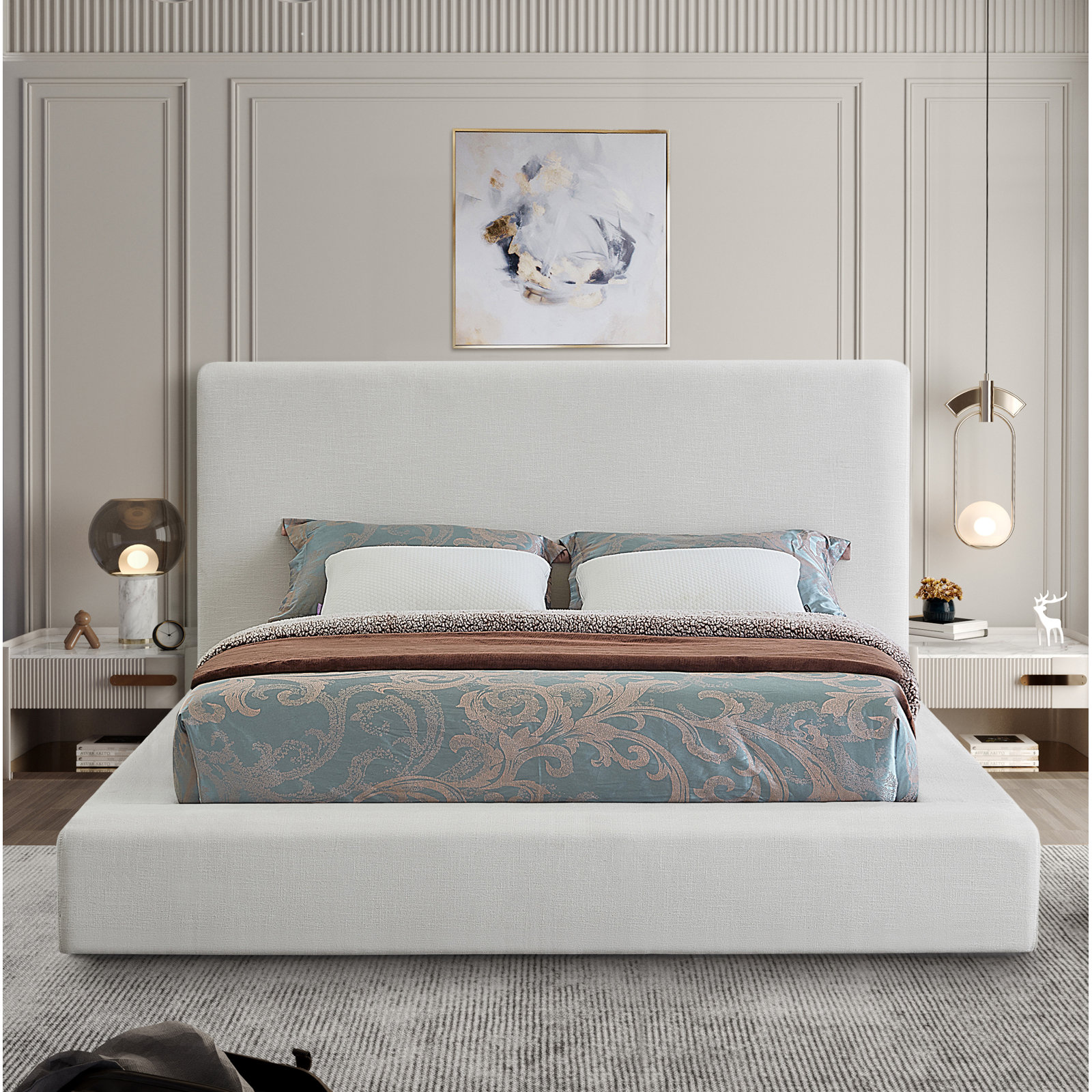 Ishia Velvet Upholstered Bed, Cream Linen, King