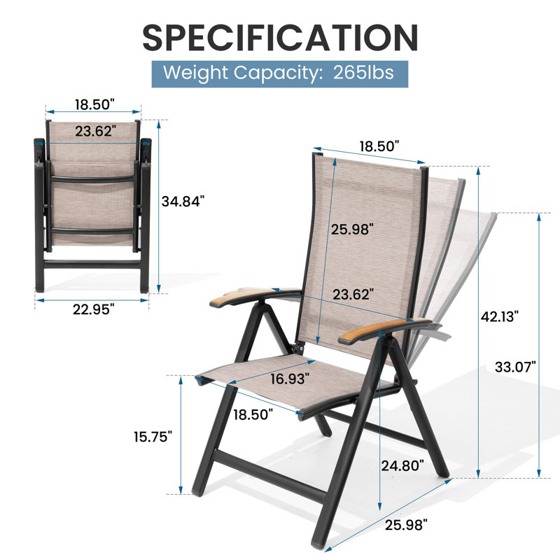  Fauteuil pliant d'extérieur réglable en aluminium, Brun, 8 Chairs