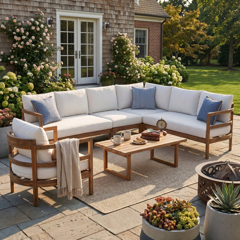 Ensemble de canapé modulaire d'extérieur en bois d'acacia 6 places avec coussins résistants à l'eau