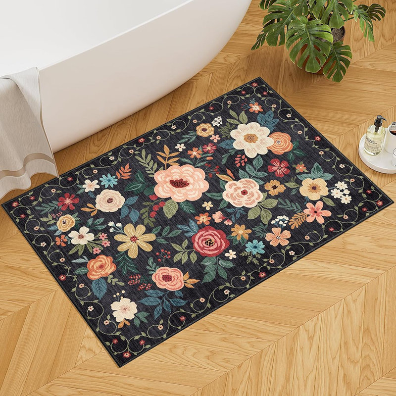 Tapis pour vestibule - Noir - Floral / intérieur, lavable, antidérapant, bohème, petit, doux à poils courts, tapis de porte pour cuisine, chambre à coucher, buanderie, salle de bain