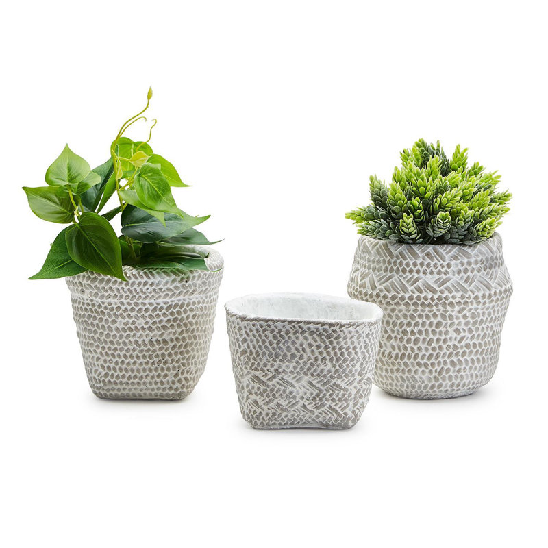 White Washed Set Of 3 Basket Pattern Planter