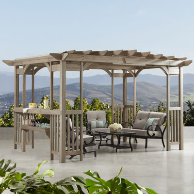 10' x 14' Madison Pergola  Premium Cedar Wood Structure with Timber Gray Stain, Integrated Bar and Counter, and Removable Sunshade