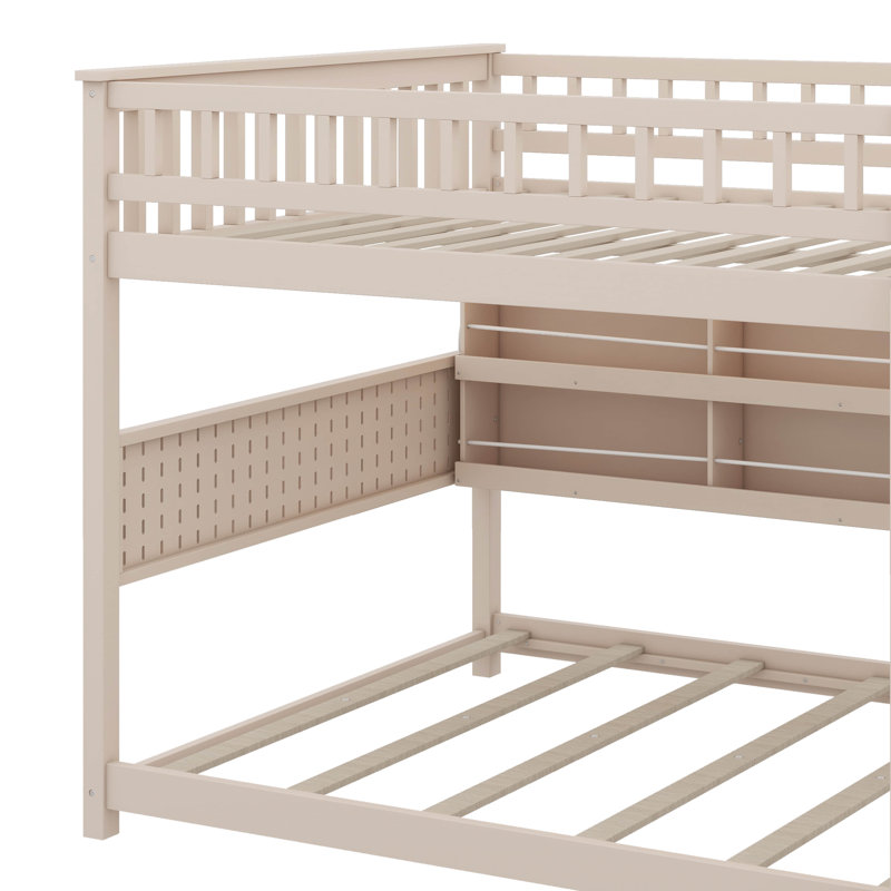 Bunk Bed With Integrated Shelving, Customizable Lights And Ventilated Panel, Beige, Full Over Full