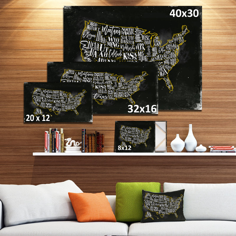 « united states-jaune rétro map », impression sur image, H 20 po x l 20 po x P 1 po, Toile tendue
