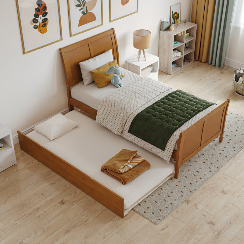 Fitzsimmons Solid Wood Platform Bed with Matching Footboard and Trundle, Twin, Light Toffee