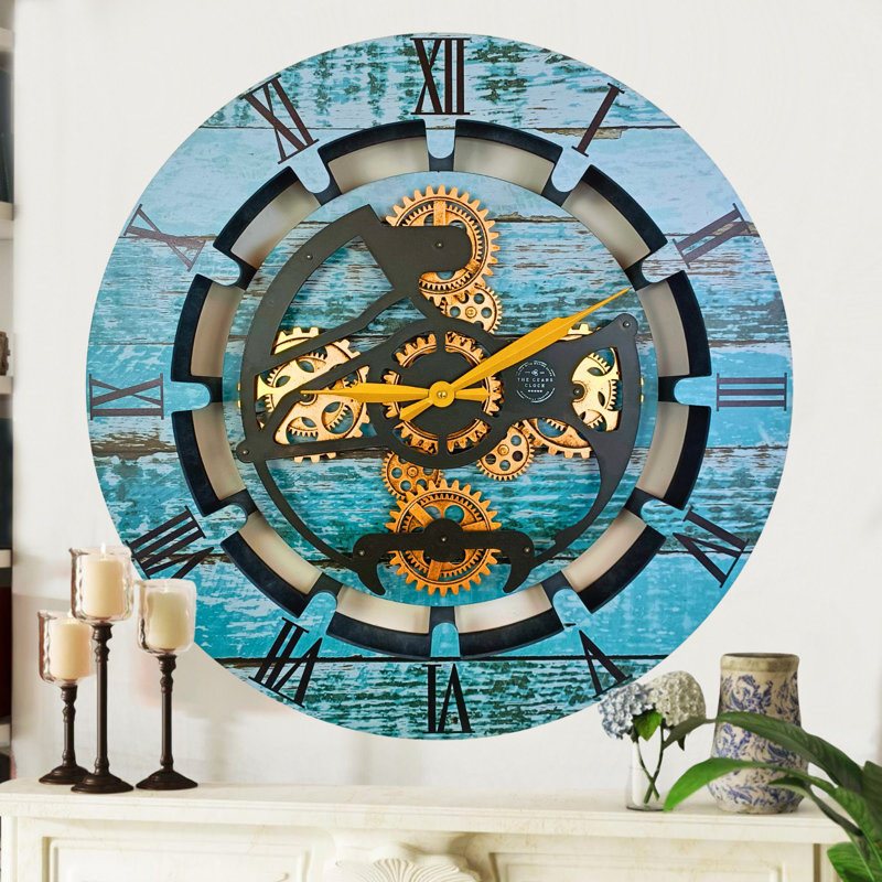 Wall Clock 24" Round Oversized for Living Room decor with Real Moving Gears Canada Collection, Aqua Green