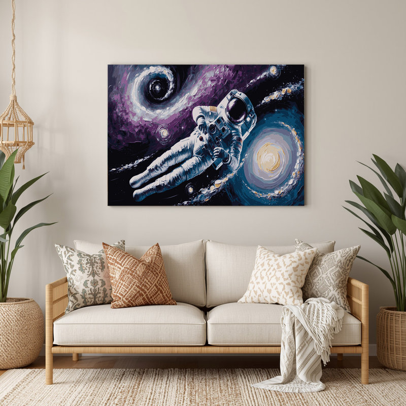 Astronaute de l'espace flottant dans l'espace gris, art mural en métal, H 96 po x l 120 po x P 0,05 po
