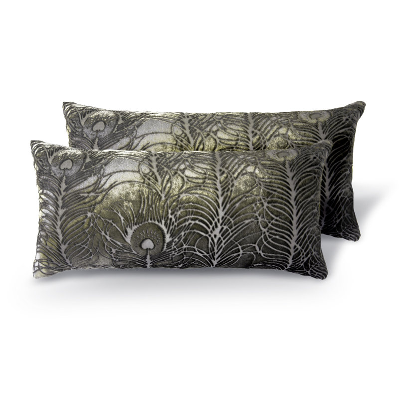 Peacock Feather Velvet Rectangle Pillow Cover & Insert, Oregano