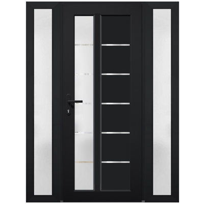 Front Exterior Prehung FiberGlass Door Frosted Glass / Manux 8088 Matte Black / 2 Side Exterior Windows / Office Commercial and Residential Doors Entrance Patio Garage-W14+36+14" x H80"-Right-hand Inswing