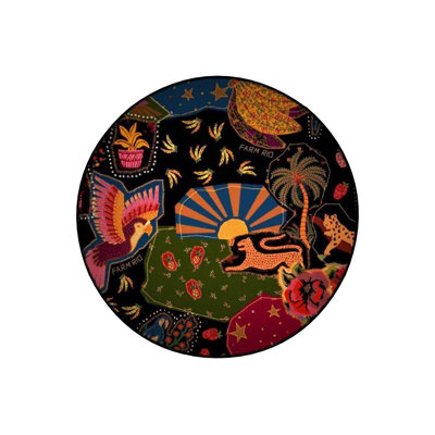 Round Dark Tones Shapes and Animals Detailed Woven Base Modern Decorative Machine Washable Rug