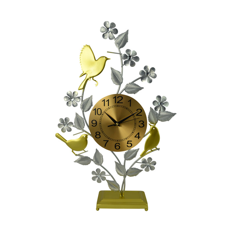 Gold and Silver Metal Quartz Movement Tabletop Clock with Bird Design